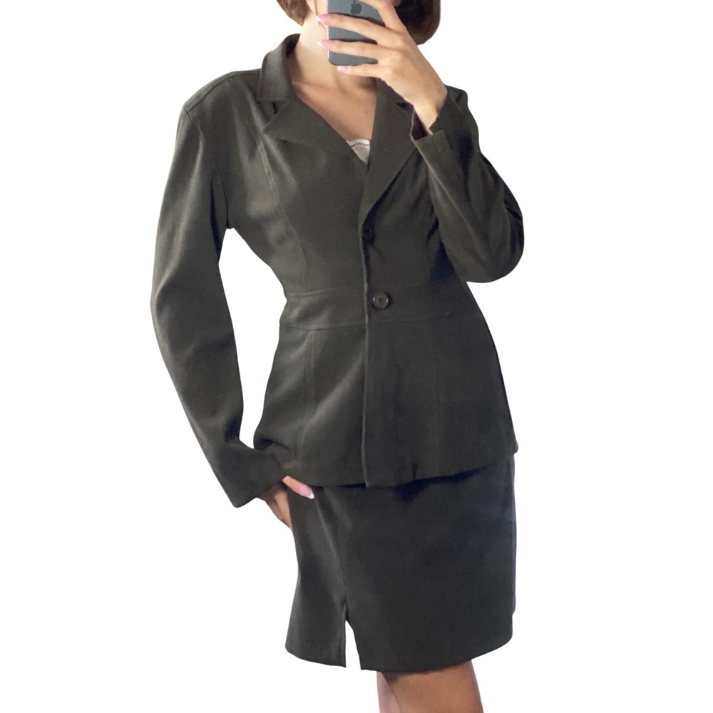 VTG Faux Suede Style Dark Green Skirt Suit Set Blazer Mini Skirt Tailored Fit -8